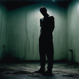 Create an atmospheric image capturing the unsettling, bleak and haunting essence of the movie The Machinist featuring the gaunt figure of the protagonist Christian Bale