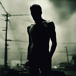 Create an atmospheric image capturing the unsettling, bleak and haunting essence of the movie The Machinist featuring the gaunt figure of the protagonist Christian Bale