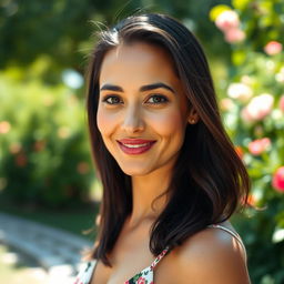 A beautiful 35-year-old woman with a tanned skin tone and dark hair, elegantly styled