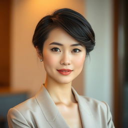 A 35-year-old Vietnamese woman with a neat hairstyle, light skin tone, slender figure, and soft facial features