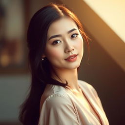 A 35-year-old Vietnamese woman with a neat hairstyle, light skin tone, slender figure, and soft facial features