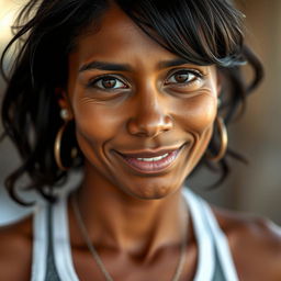 A 40-year-old woman with dark hair and dark skin, featuring expressive eyes that convey warmth and approachability
