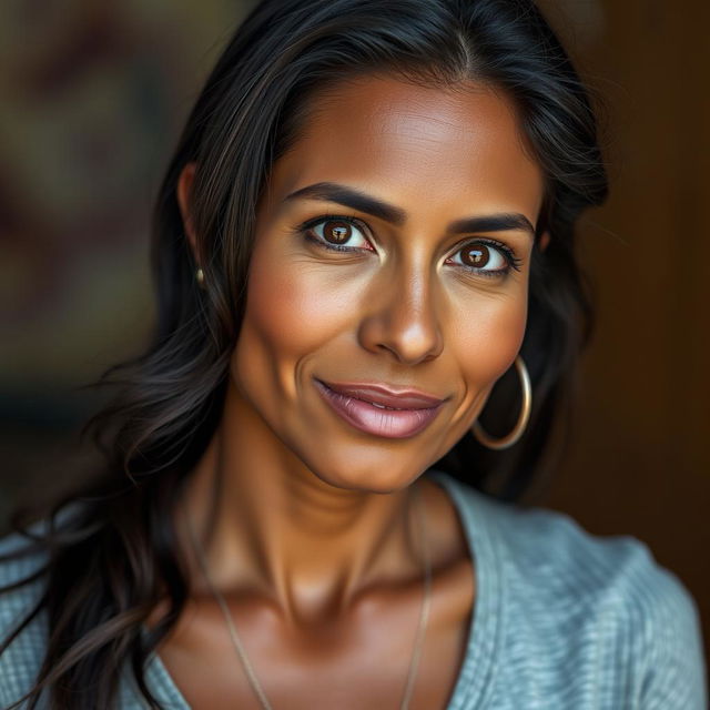 A 40-year-old woman with dark hair and dark skin, featuring expressive eyes that convey warmth and approachability