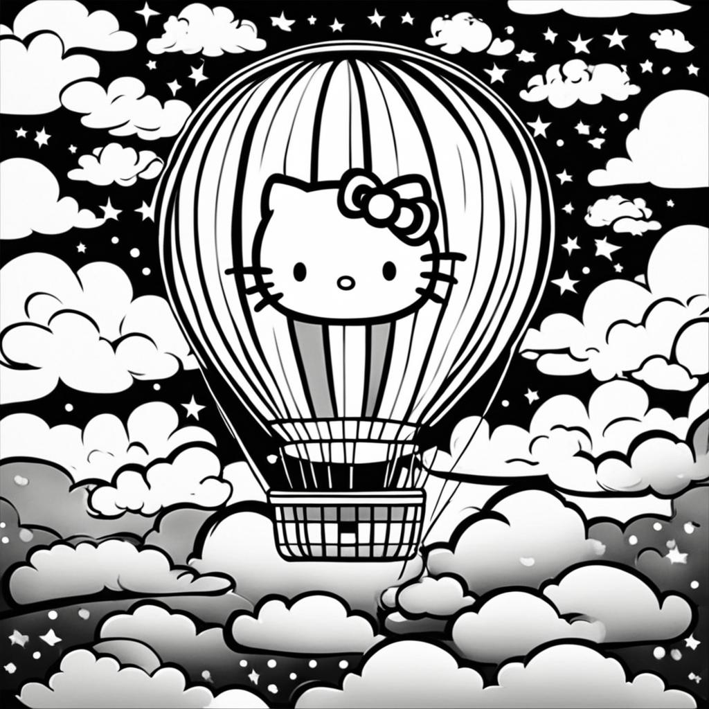 Black and white Hello Kitty themed colouring book page featuring Hello Kitty in a hot air balloon surrounded by clouds and stars