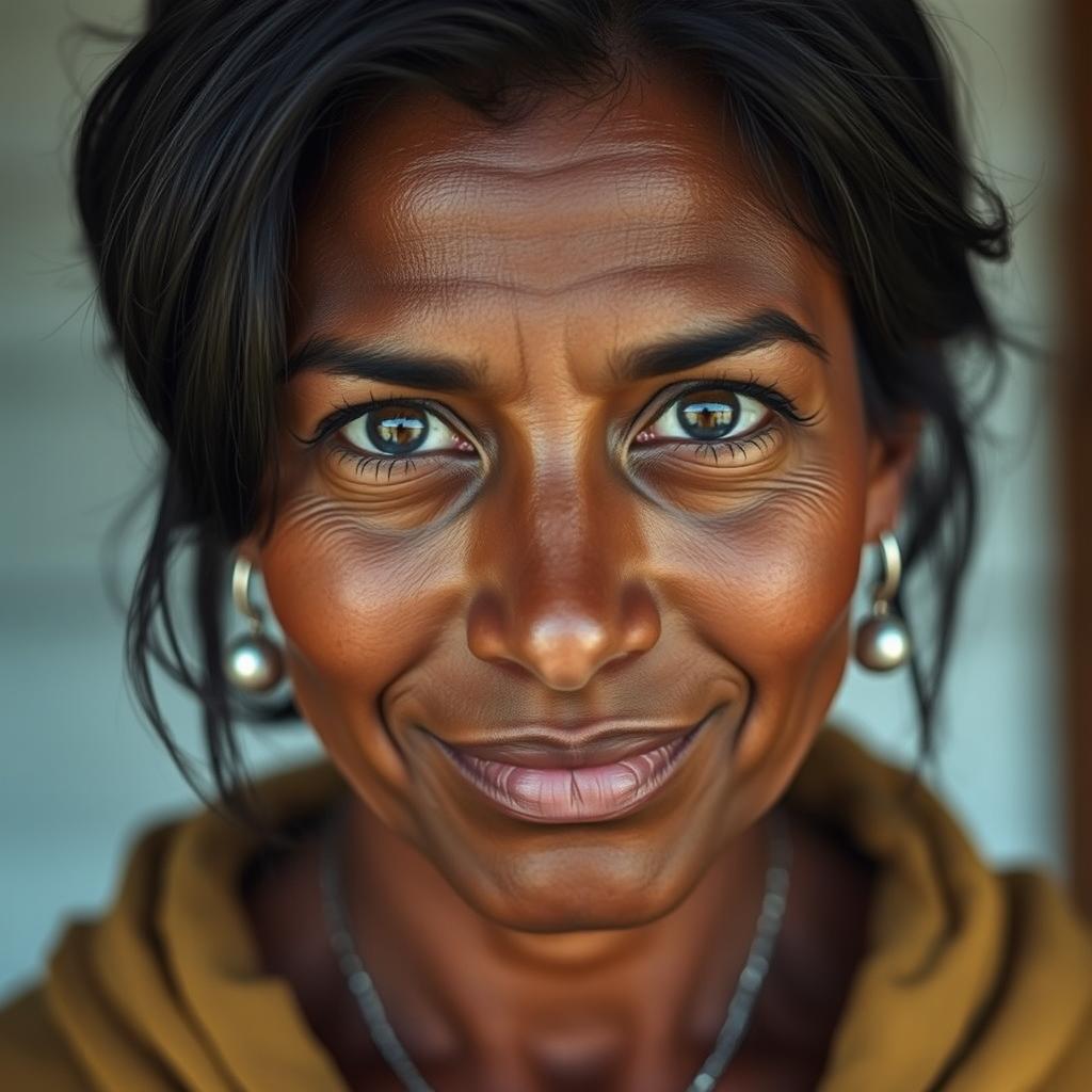 A 40-year-old woman with dark hair and dark skin, featuring expressive eyes that convey warmth and approachability