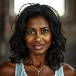 A 40-year-old woman with dark hair and dark skin, featuring expressive eyes that convey warmth and approachability