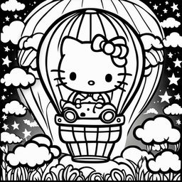 Black and white Hello Kitty themed colouring book page featuring Hello Kitty in a hot air balloon surrounded by clouds and stars