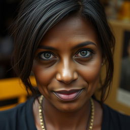 A 40-year-old woman with dark hair and dark skin, featuring expressive eyes that convey a sense of warmth and character