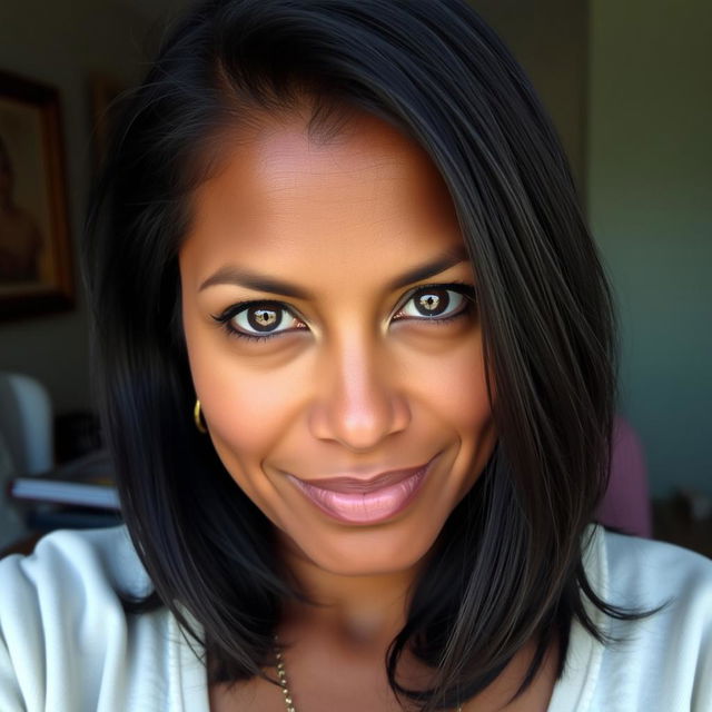 A 40-year-old woman with dark hair and dark skin, featuring expressive eyes that convey a sense of warmth and character