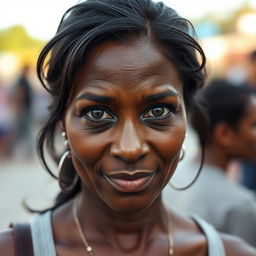 A 40-year-old woman with dark hair and dark skin, featuring expressive eyes that convey a sense of warmth and character