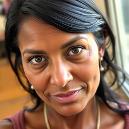 A 40-year-old woman with dark hair and dark skin, featuring expressive eyes that convey a sense of warmth and character