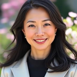 A portrait of a 43-year-old Asian woman with graceful features and a warm smile