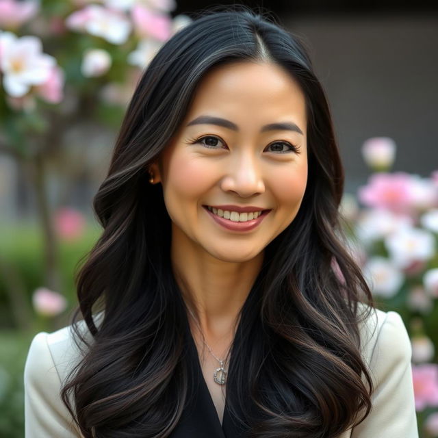 A portrait of a 43-year-old Asian woman with graceful features and a warm smile