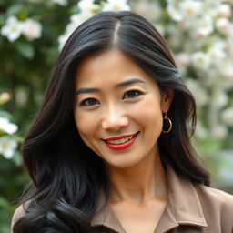 A portrait of a 43-year-old Asian woman with graceful features and a warm smile