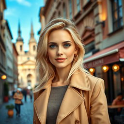 A 34-year-old woman with striking blonde hair and a quintessential European appearance, dressed in fashionable and elegant clothing that emphasizes her style
