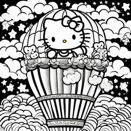 Black and white Hello Kitty themed colouring book page featuring Hello Kitty in a hot air balloon surrounded by clouds and stars