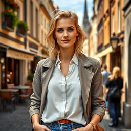 A 34-year-old woman with striking blonde hair and a quintessential European appearance, dressed in fashionable and elegant clothing that emphasizes her style