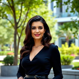 A 35-year-old European woman with dark hair, showcasing her beauty in a fashionable outfit