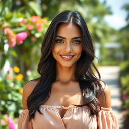 A stunning 35-year-old woman with a tanned skin tone and dark hair, elegantly styled and visible from the shoulders up