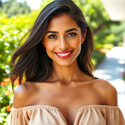 A stunning 35-year-old woman with a tanned skin tone and dark hair, elegantly styled and visible from the shoulders up
