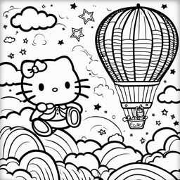 Black and white Hello Kitty themed colouring book page featuring Hello Kitty in a hot air balloon surrounded by clouds and stars