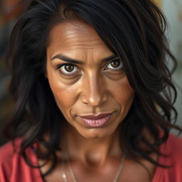A 40-year-old woman with dark hair and dark skin, featuring expressive eyes that reflect depth and emotion