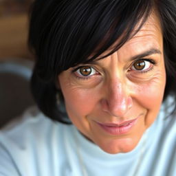 A 40-year-old woman with dark hair and dark skin, featuring expressive eyes that reflect depth and emotion