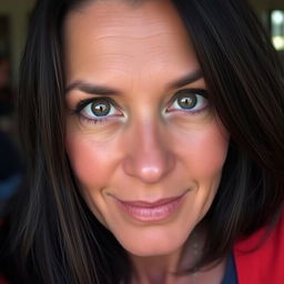 A 40-year-old woman with dark hair and dark skin, featuring expressive eyes that reflect depth and emotion