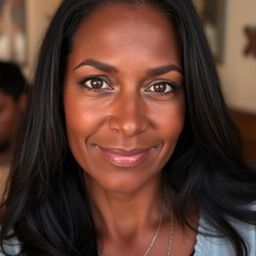 A 40-year-old woman with dark hair and dark skin, featuring expressive eyes that reflect depth and emotion