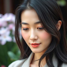 A portrait of a 43-year-old Asian woman with a shy expression, showcasing her delicate features and gentle demeanor