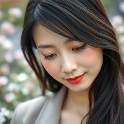 A portrait of a 43-year-old Asian woman with a shy expression, showcasing her delicate features and gentle demeanor