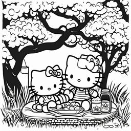 Black and white Hello Kitty themed colouring book page featuring Hello Kitty having a picnic under a tree.