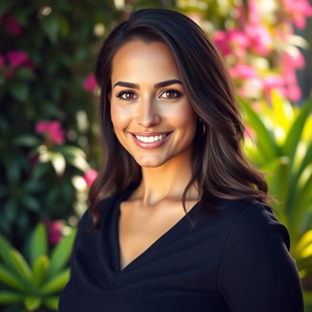 A captivating 35-year-old woman with a tanned skin tone and dark hair, styled elegantly