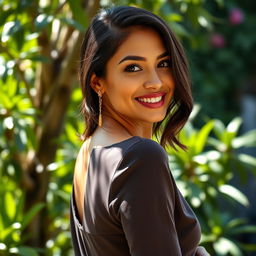 A captivating 35-year-old woman with a tanned skin tone and dark hair, styled elegantly
