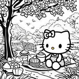 Black and white Hello Kitty themed colouring book page featuring Hello Kitty having a picnic under a tree.