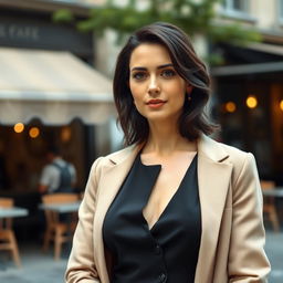A 35-year-old European woman with dark hair, wearing a classy outfit that features a closed neckline