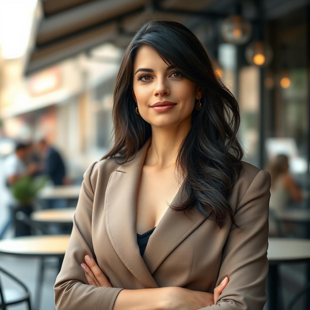 A 35-year-old European woman with dark hair, wearing a classy outfit that features a closed neckline