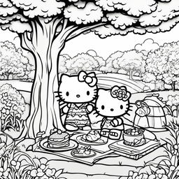 Black and white Hello Kitty themed colouring book page featuring Hello Kitty having a picnic under a tree.