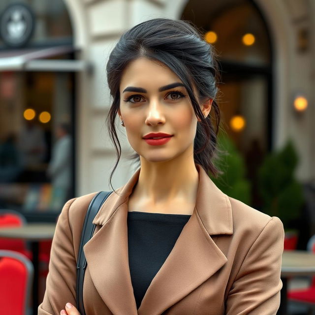 A 35-year-old European woman with dark hair, wearing a classy outfit that features a closed neckline