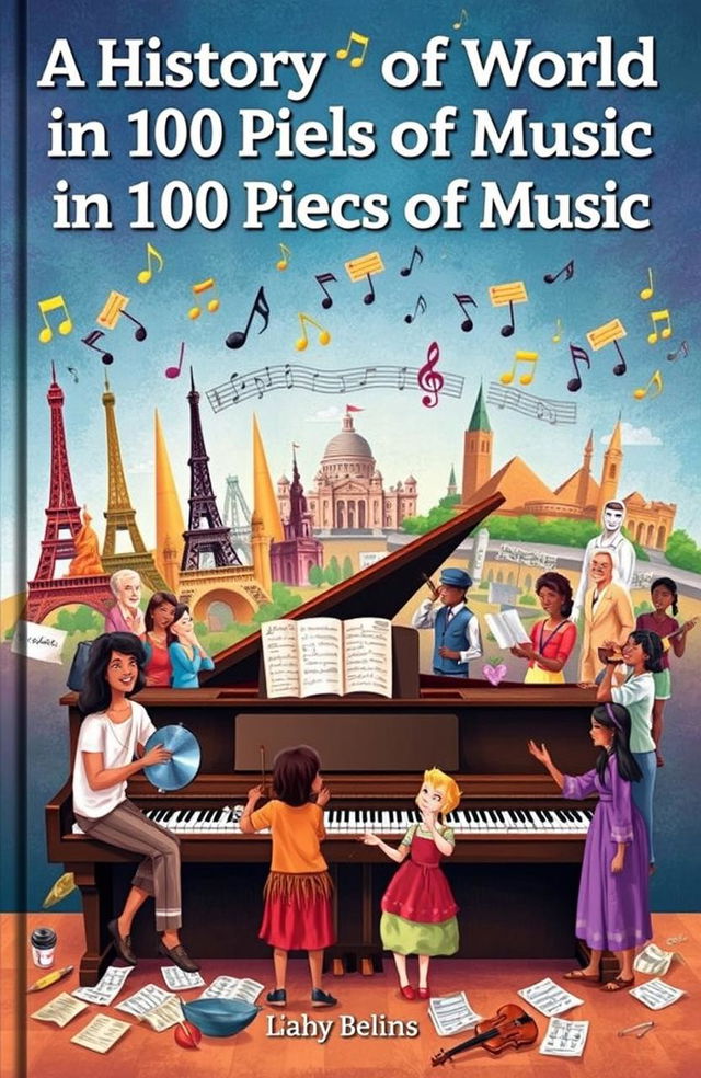 A beautifully illustrated book cover titled 'A History of the World in 100 Pieces of Music'