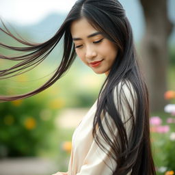 A distant shot of a 43-year-old Asian woman with a shy expression, portrayed in a serene outdoor setting