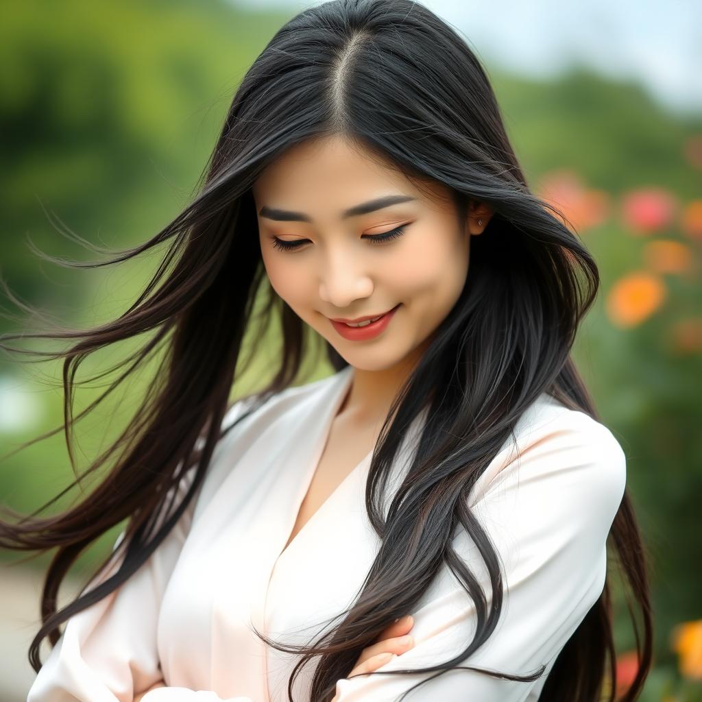 A distant shot of a 43-year-old Asian woman with a shy expression, portrayed in a serene outdoor setting