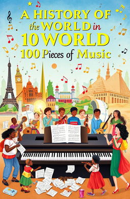 A beautifully illustrated book cover titled 'A History of the World in 100 Pieces of Music'