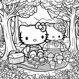 Black and white Hello Kitty themed colouring book page featuring Hello Kitty having a picnic under a tree.