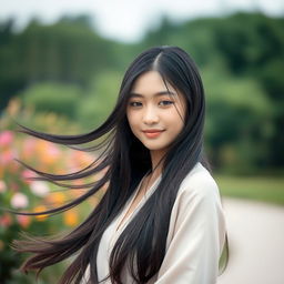 A distant shot of a 43-year-old Asian woman with a shy expression, portrayed in a serene outdoor setting