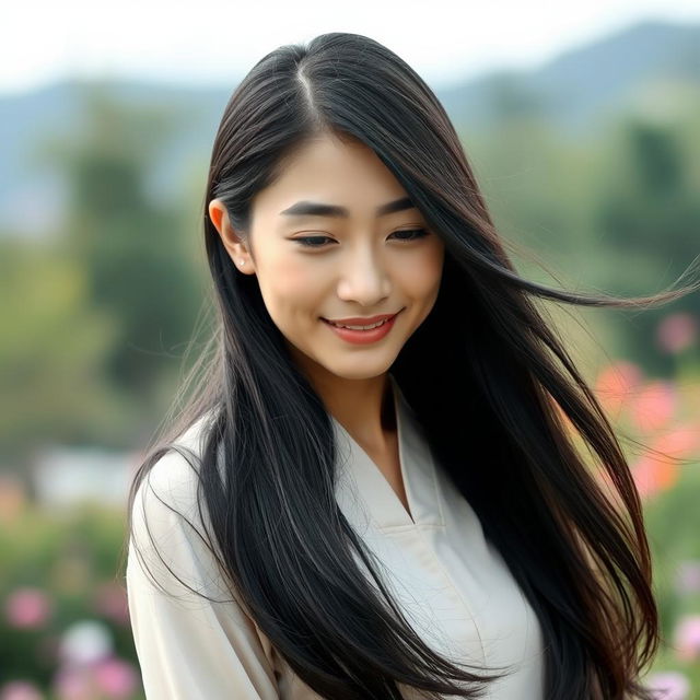 A distant shot of a 43-year-old Asian woman with a shy expression, portrayed in a serene outdoor setting