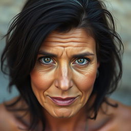 A 40-year-old woman with dark hair and tanned skin, featuring expressive eyes that tell a story of life experiences and depth