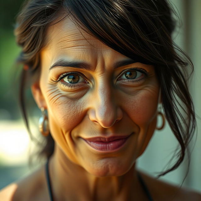 A 40-year-old woman with dark hair and tanned skin, featuring expressive eyes that tell a story of life experiences and depth