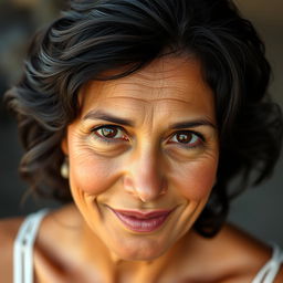 A 40-year-old woman with dark hair and tanned skin, featuring expressive eyes that tell a story of life experiences and depth
