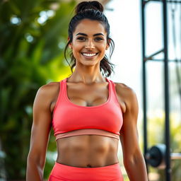 A fit and confident 35-year-old woman with a tanned skin tone and dark hair, styled in a practical yet stylish way